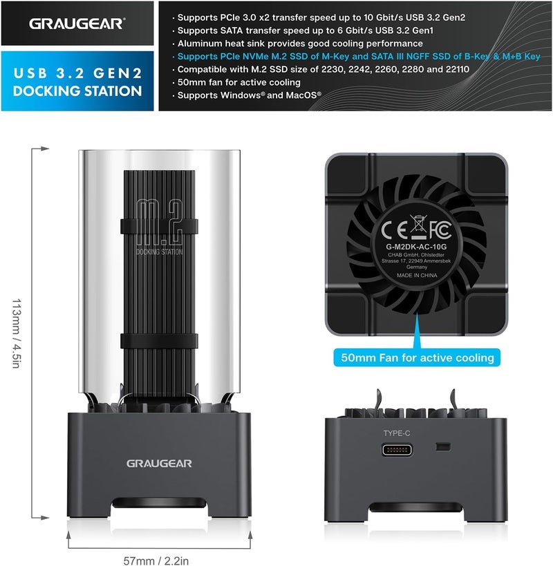 GRAUGEAR M.2 NVMe SATA PCIe SSD Enclosure Adapter Docking Station with Cooling Fan, USB3.2 Gen2 10Gbps M.2 SSD External Case USB C, Support UASP and Trim, M2 NVMe NGFF M Key B+M Key, RTL9210B Chipset - Image 2